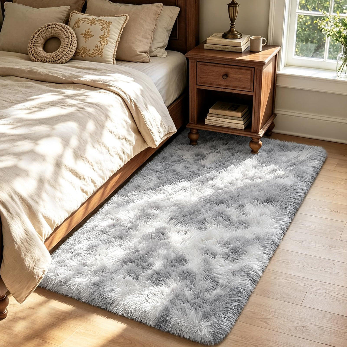 Beige 2x4 Area Rugs for Bedroom, Fluffy Shag Rug Small Rug Bedside Carpet