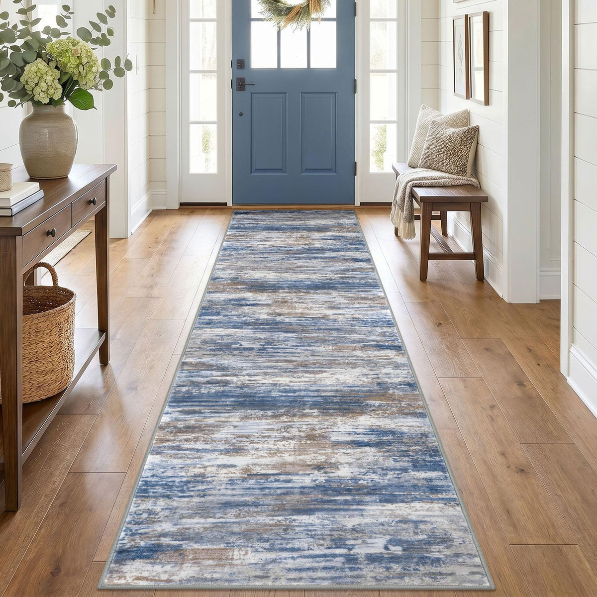 KOZYFLY Abstract Entryway Rug 2x3 Washable Door Mat Indoor Blue Beige