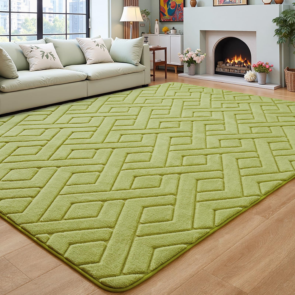 Grey Fluffy Area Rug for Bedroom, 3x5 Geometric Shag Rugs