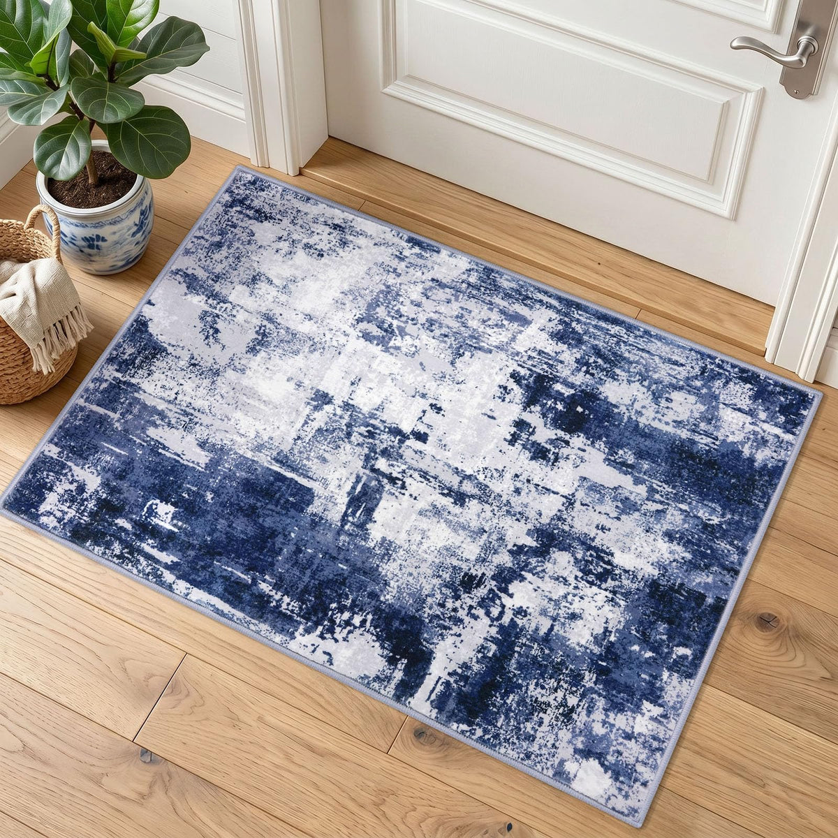 KOZYFLY Abstract Entryway Rug 2x3 Washable Door Mat Indoor Blue Beige