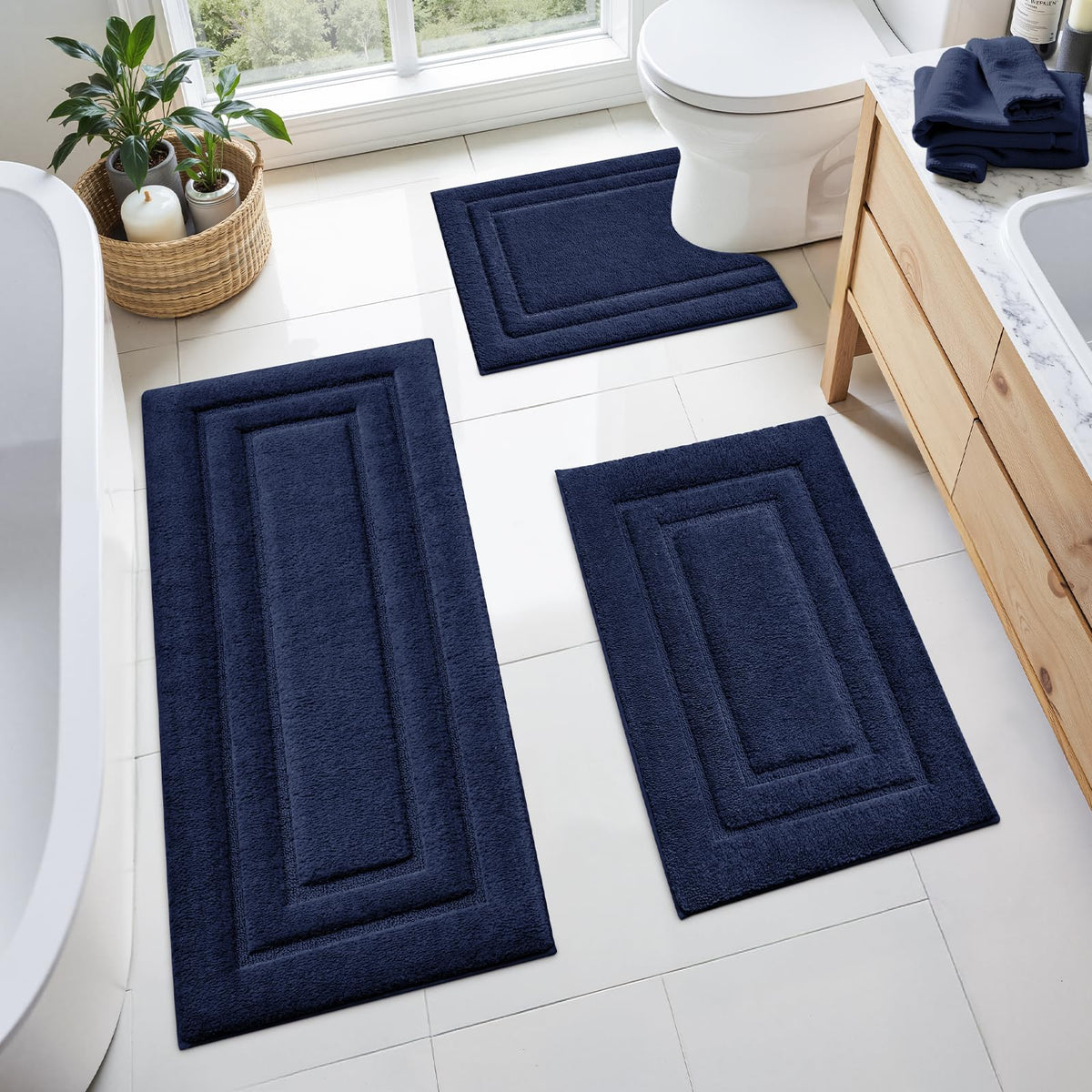 HOMEIDEAS Black Bathroom Rugs Set of 3, Non Slip Bath Mats