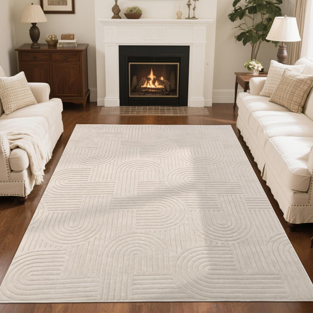 SHACOS Soft Fluffy Arch Pattern Area Rug 2'7"x5' Non Slip Washable Minimalist Modern High-Low Geometric Carpet for Living Room Kitchen Bedroom Bathroom, Beige