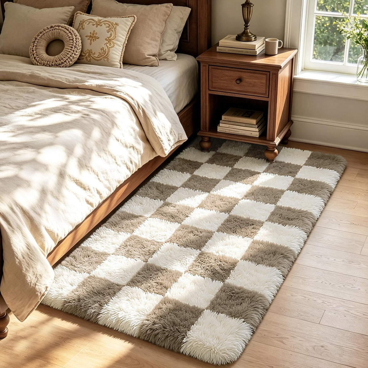 Beige 2x4 Area Rugs for Bedroom, Fluffy Shag Rug Small Rug Bedside Carpet