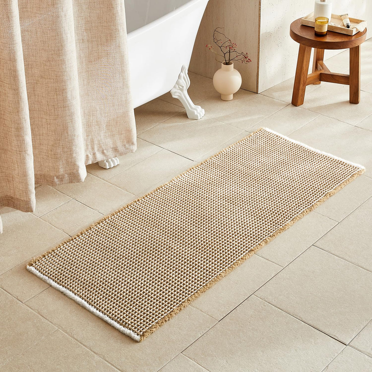 TYUU Waffle Bath Mat, Boho Bathroom Rugs Non Slip Washable, 30x20 Khaki