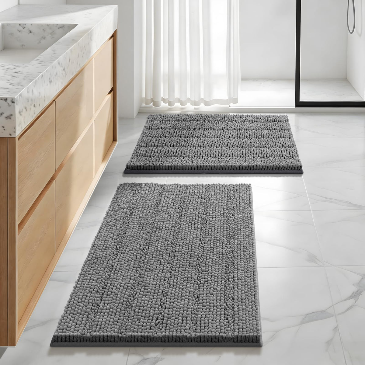 Bcoimo Small Bath Rug Mat,24x17 Chenille Non Slip Gray Bathroom Shower Mat