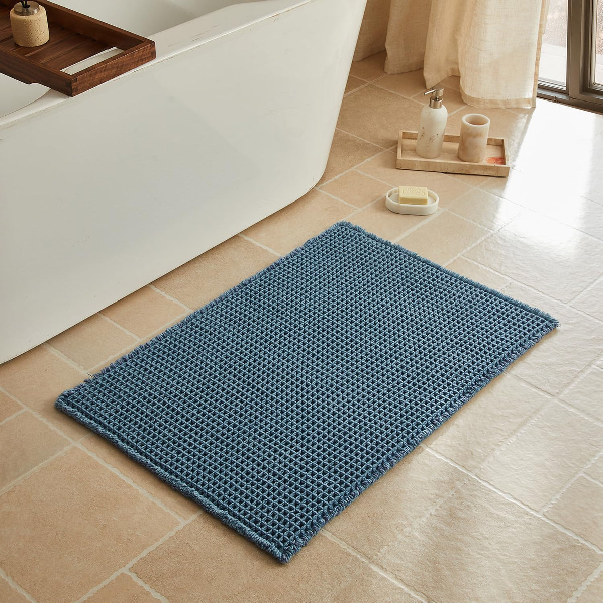 Triohero Waffle Bath Mat, Small Boho Bathroom Rugs Non Slip, 16x24 Khaki