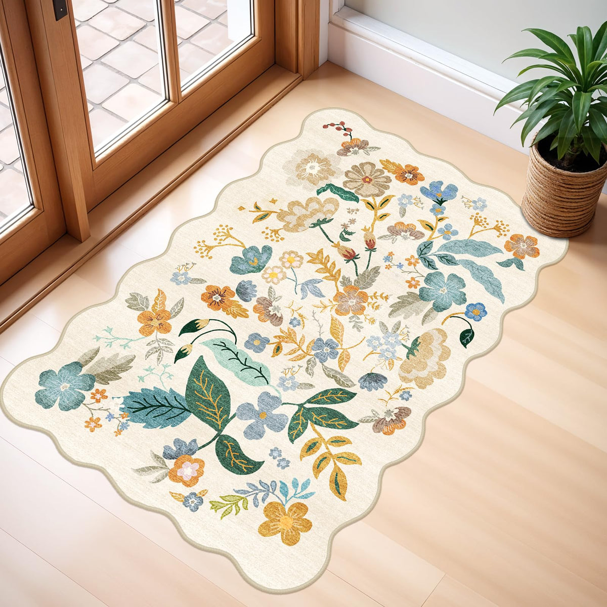 2x4 Rug Washable for Entryway - Non-Slip Scalloped Floral Throw Rug Black