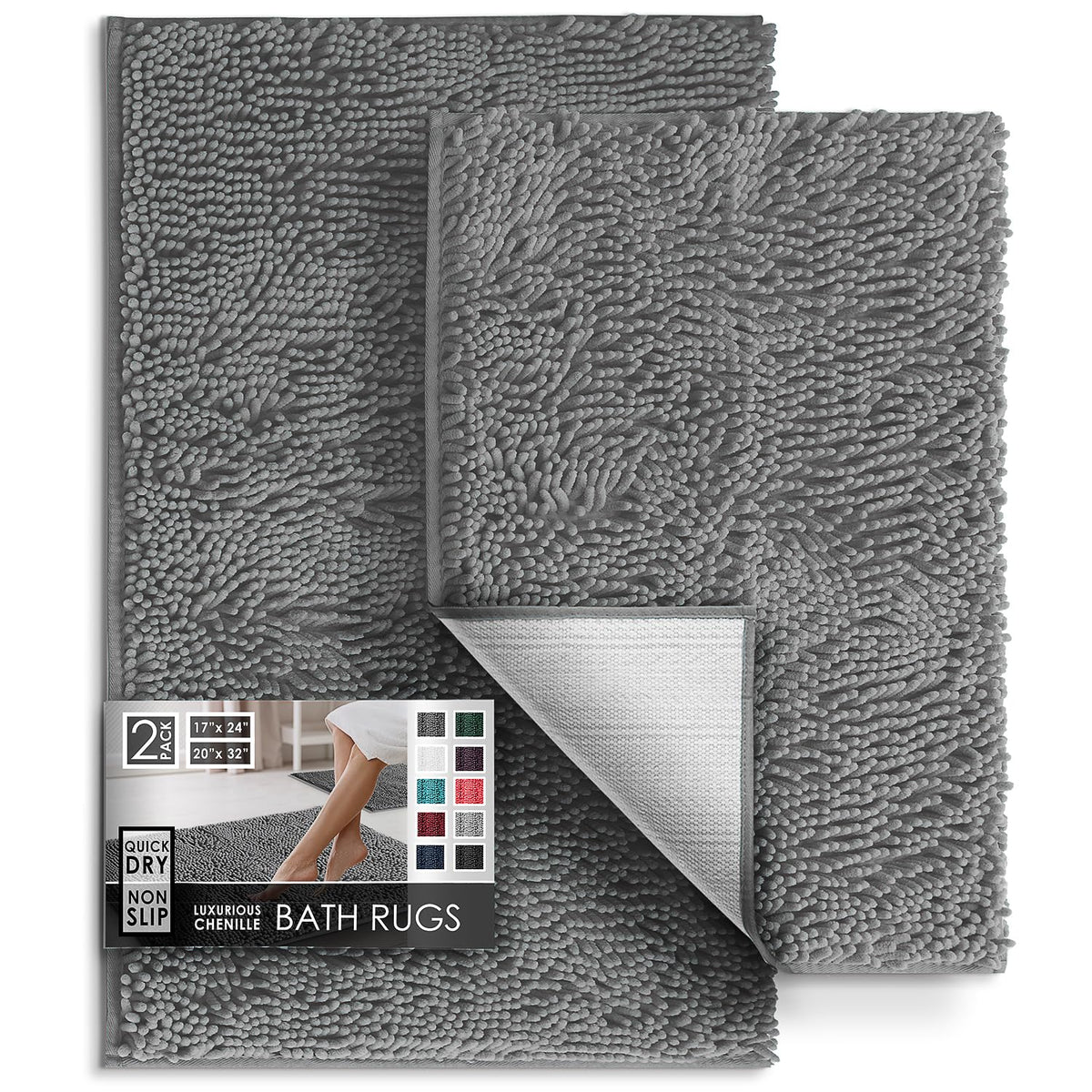 Hearth & Harbor Bathroom Rugs, Chenille Bath Mat - Machine Washable Bath Mats for Bathroom Non-Slip Backing Rubber, Quick Dry Bathroom Mat, 17 x 24 + 20 x 32 - Hunter Green