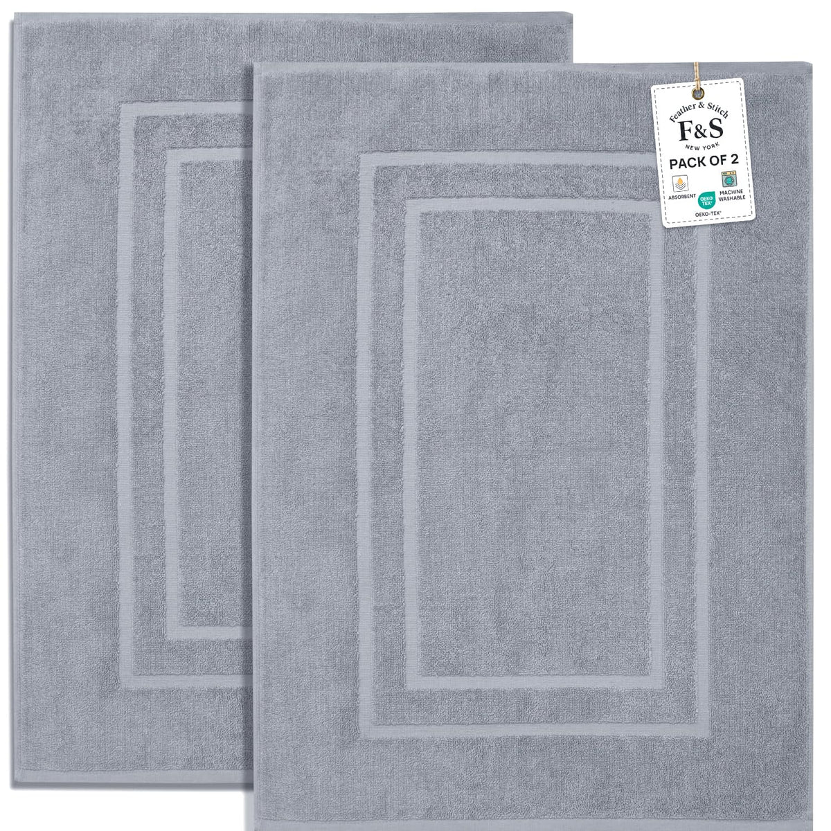 Feather & Stitch 100% Cotton Bath Mats 2 Piece 30x21 Inches, Grey