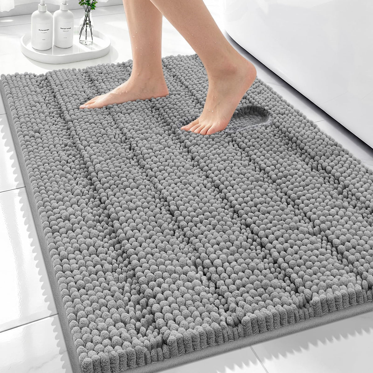 Bcoimo Small Bath Rug Mat,24x17 Chenille Non Slip Gray Bathroom Shower Mat