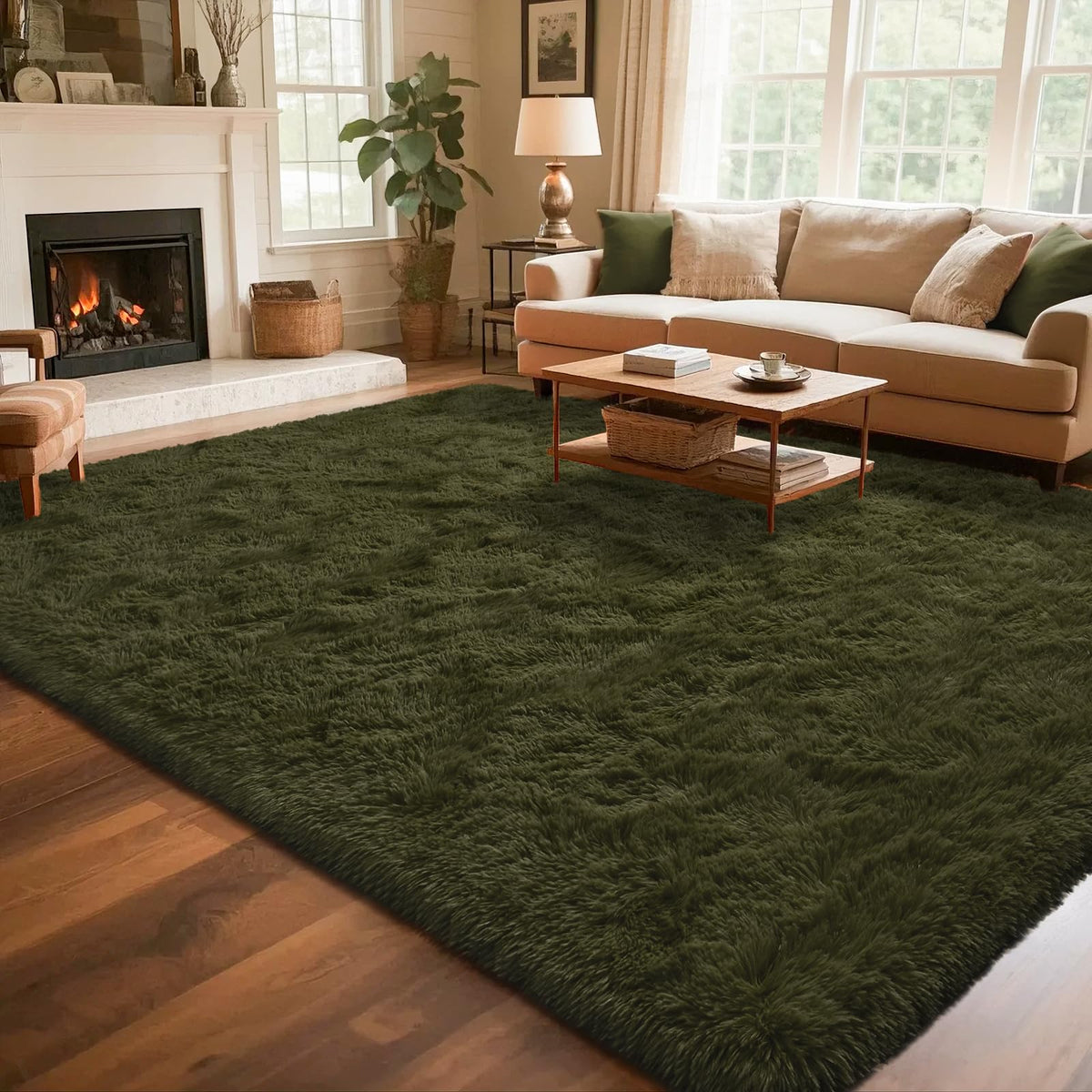 Runner Rug for Bedroom, 2x6 Soft Shag Fluffy Area Rugs for Girls Boy's Room, Plush Shaggy Carpet with Non-Slip Bottom for Living Room Dorm, Olive Green