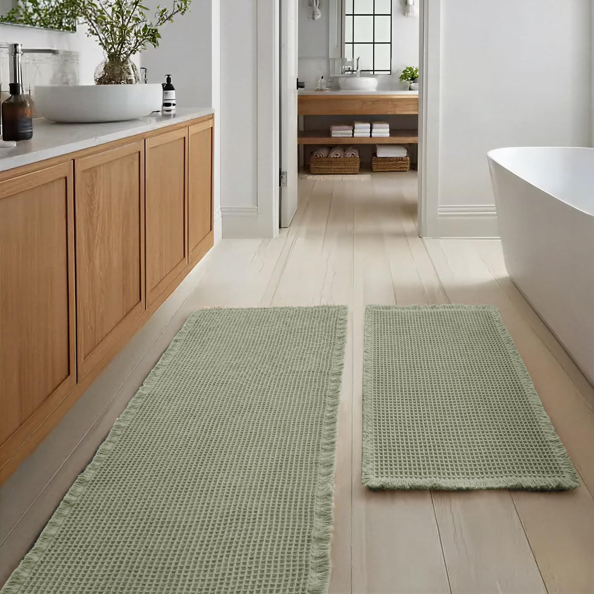 JIUZHEN Set of 2 Waffle Bath Mats Boho Bath Rugs 16"x24"+20"x32", Brown