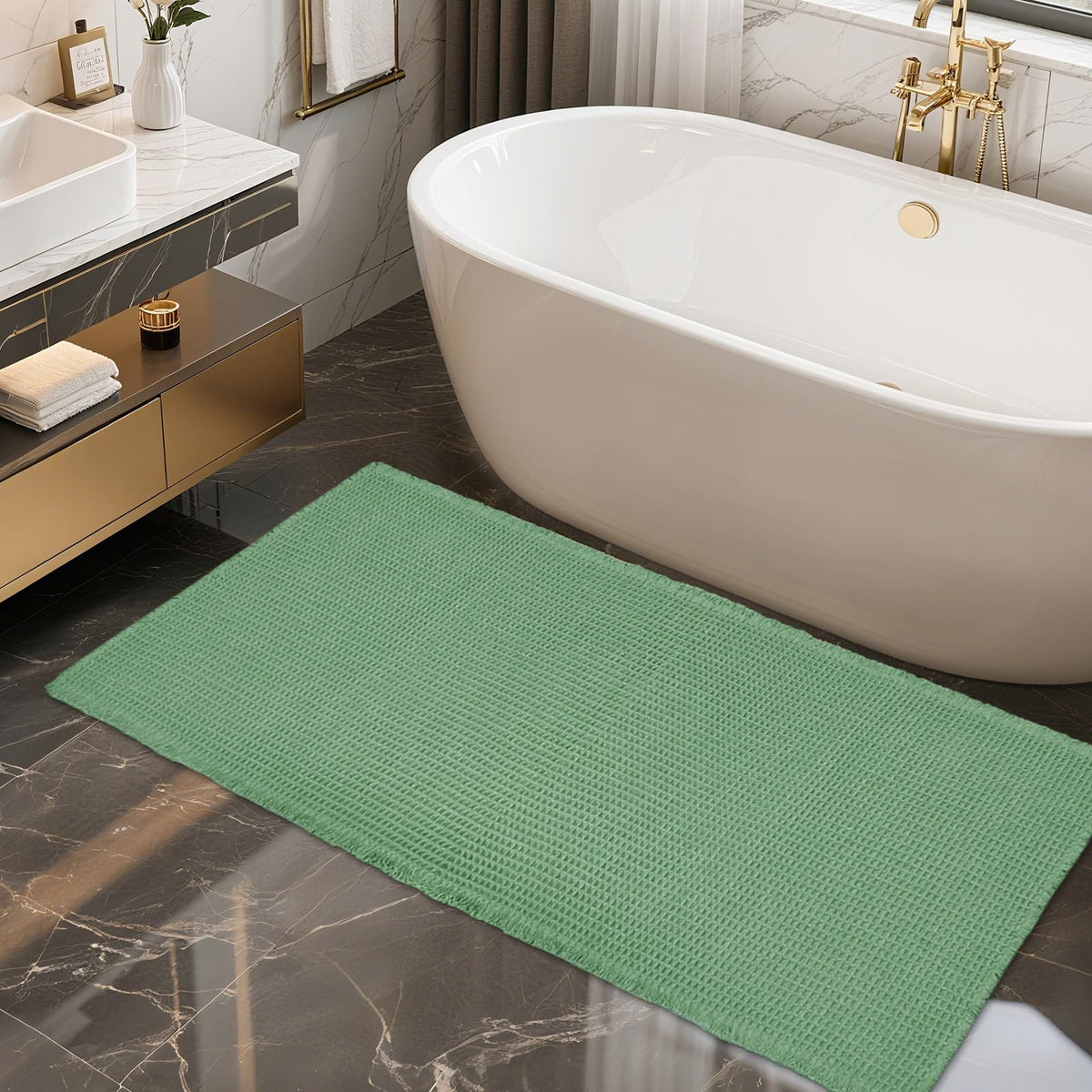 ZALL Tan Waffle Bath Mat,Super Absorbent Non Slip Bathroom Rug,Brown 18x30inch,Machine Washable Ultra Soft Floor Mats