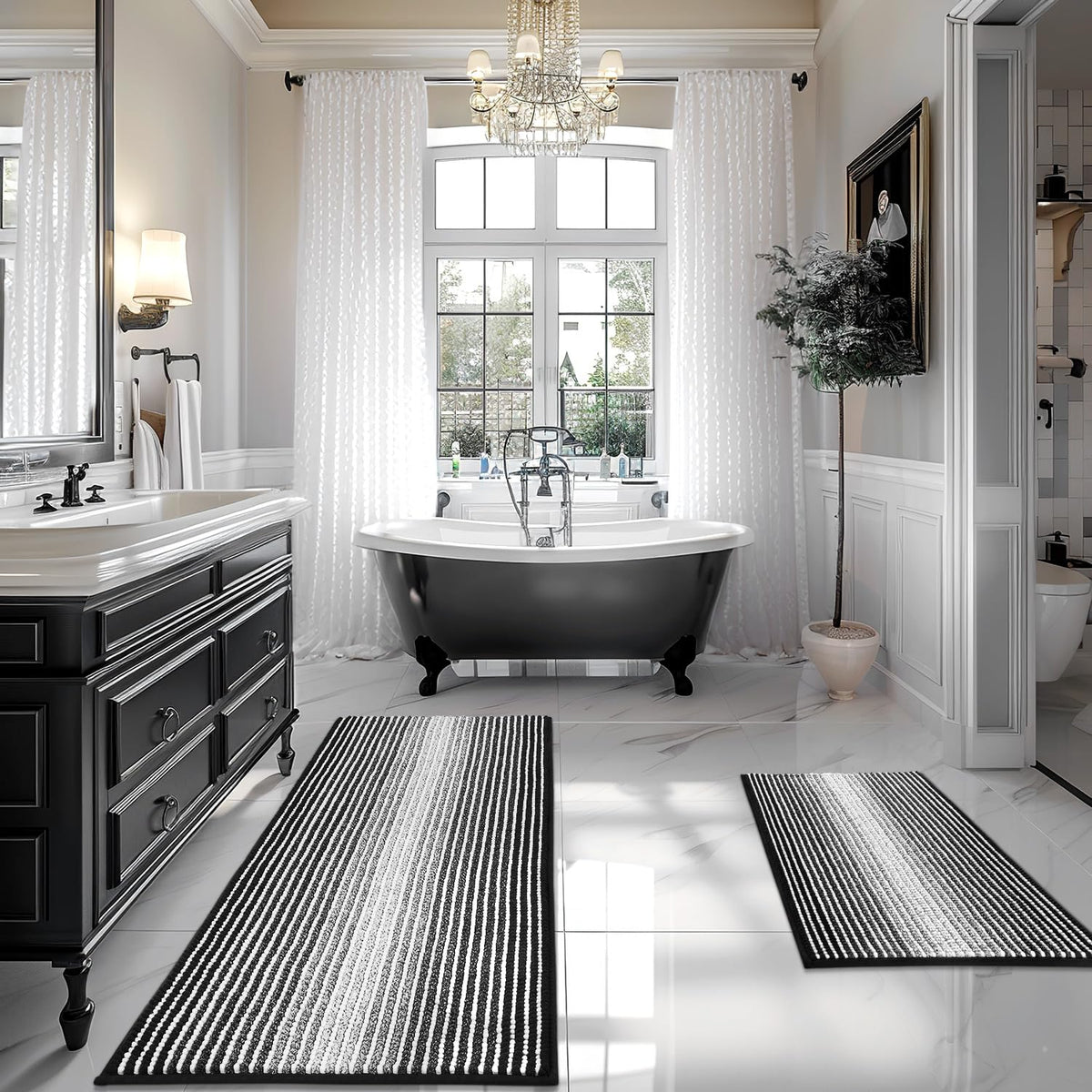 BSICPRO Bathroom Rugs Sets 2 Piece, Non Slip Striped Bath Mats, Sage