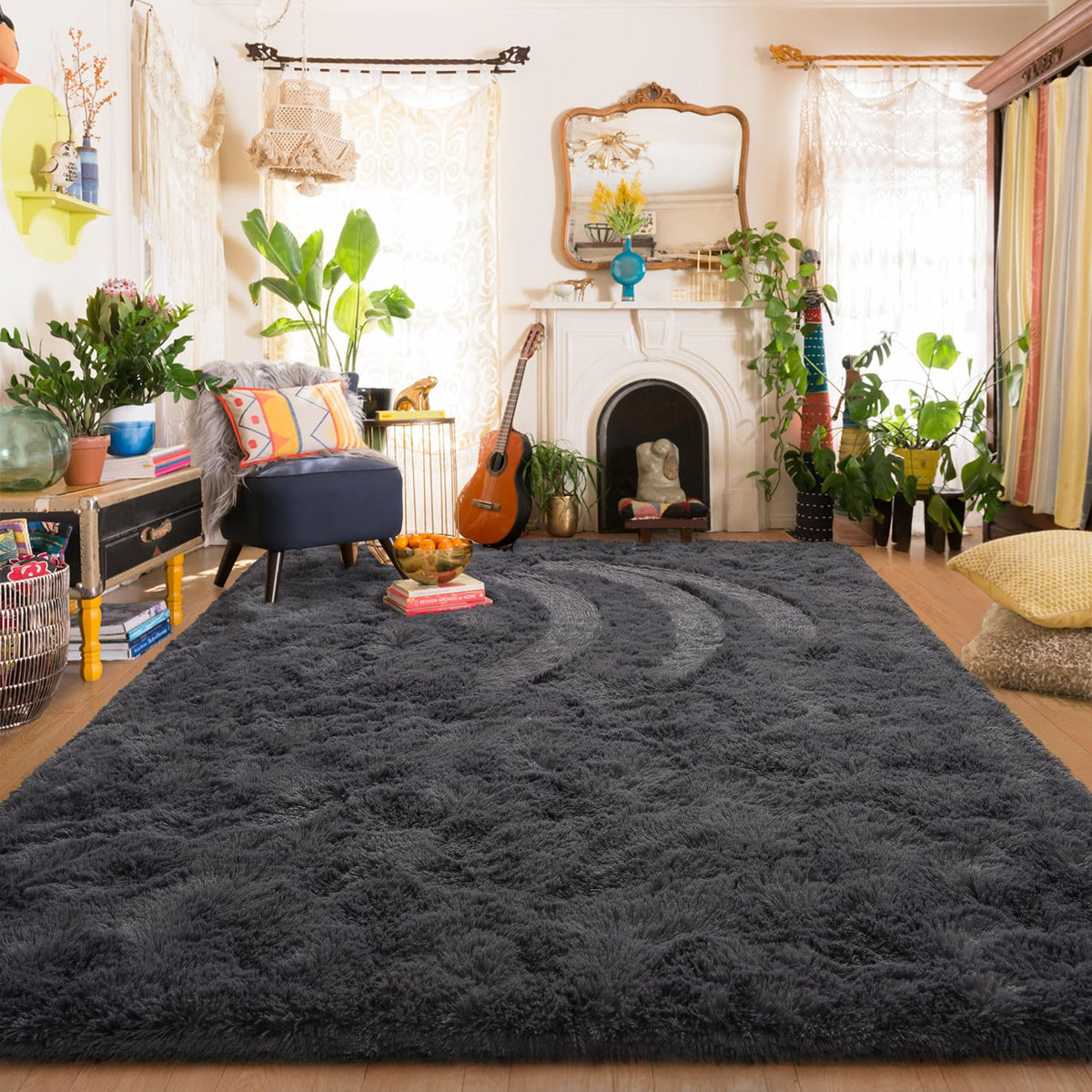 Amearea Shag Fluffy Small Rug, 2x4 Throw Rugs for Bedroom Girls, Black