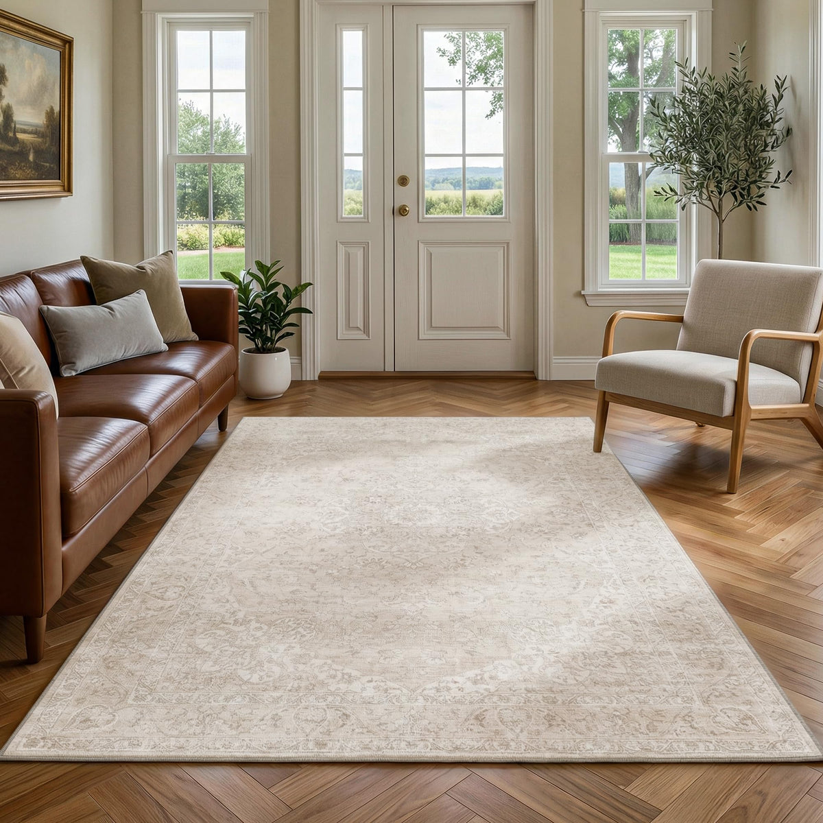 FMFUNCTEX 2x6 Hallway Runner Rug Washable Beige Neutral Vintage Distressed