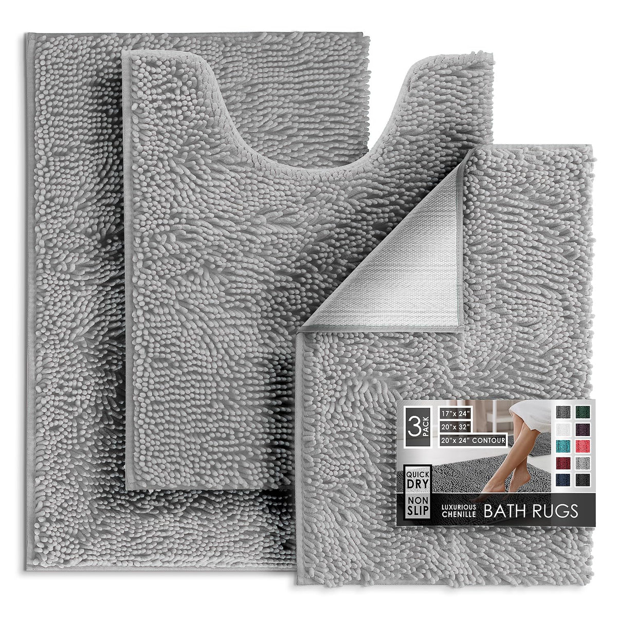 Hearth & Harbor Bathroom Rugs, Chenille Bath Mat - Machine Washable Bath Mats for Bathroom Non-Slip Backing Rubber, Quick Dry Bathroom Mat, 17 x 24 + 20 x 32 - Hunter Green