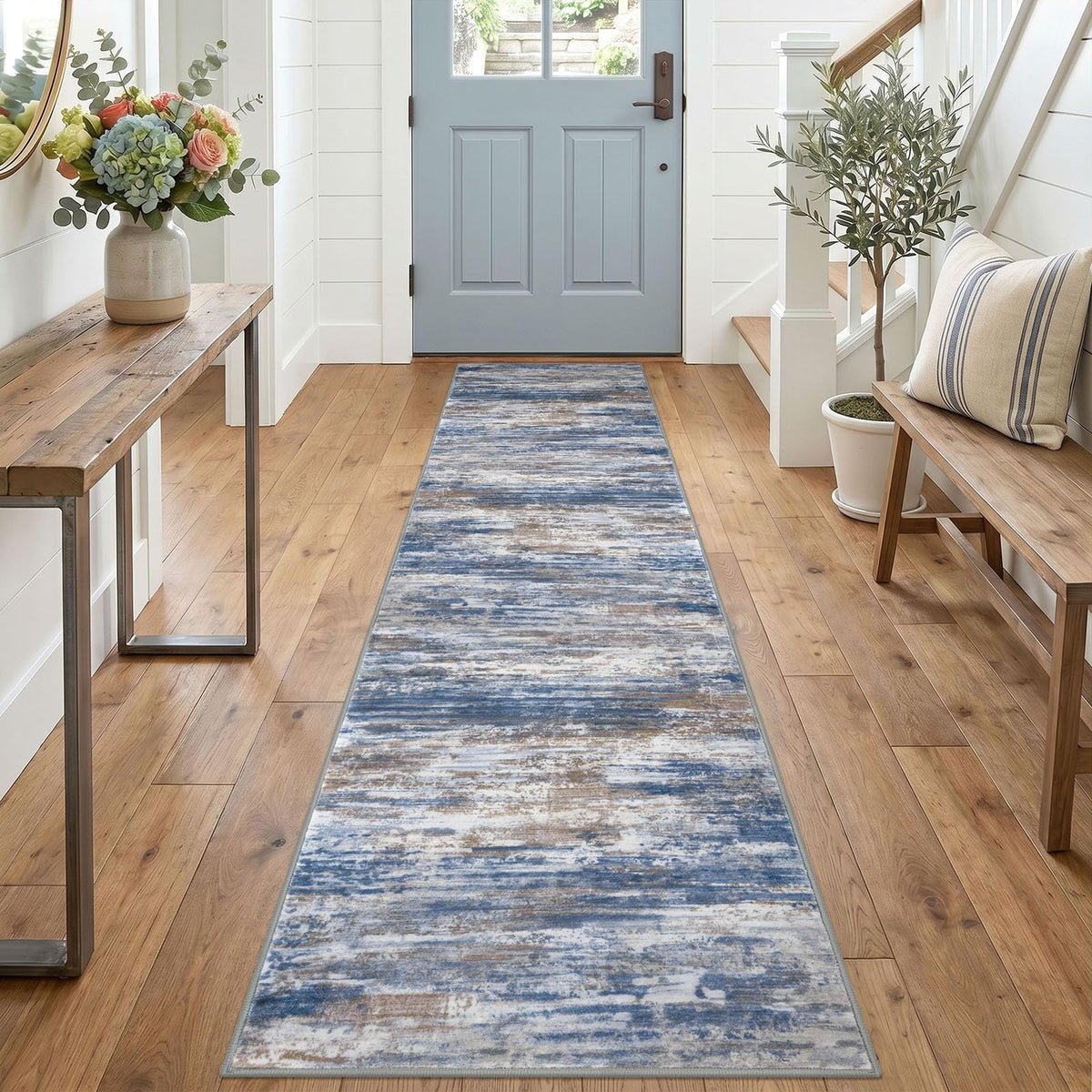 KOZYFLY Abstract Entryway Rug 2x3 Washable Door Mat Indoor Blue Beige