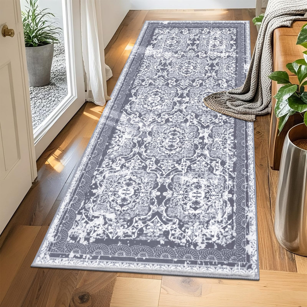 Vaukki Hallway Runner 2x6 ft, Grey Vintage Shaggy Soft Kitchen Rug