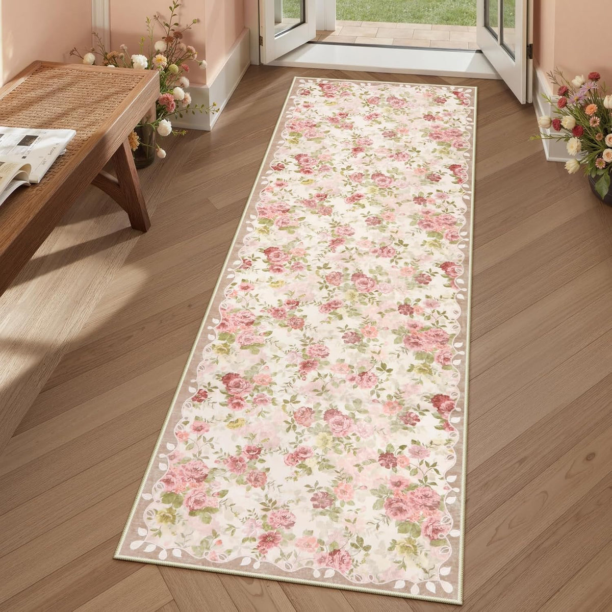 Lahome Floral Pink Bathroom Rug Runners for Hallways Non Slip 2x6
