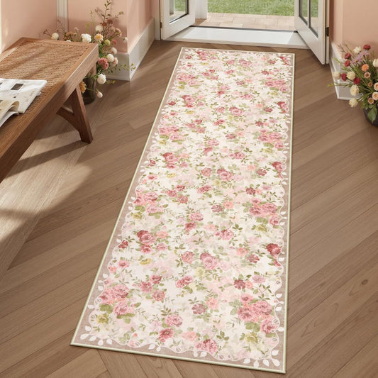 Lahome Floral Pink Bathroom Rug Runners for Hallways Non Slip 2x6