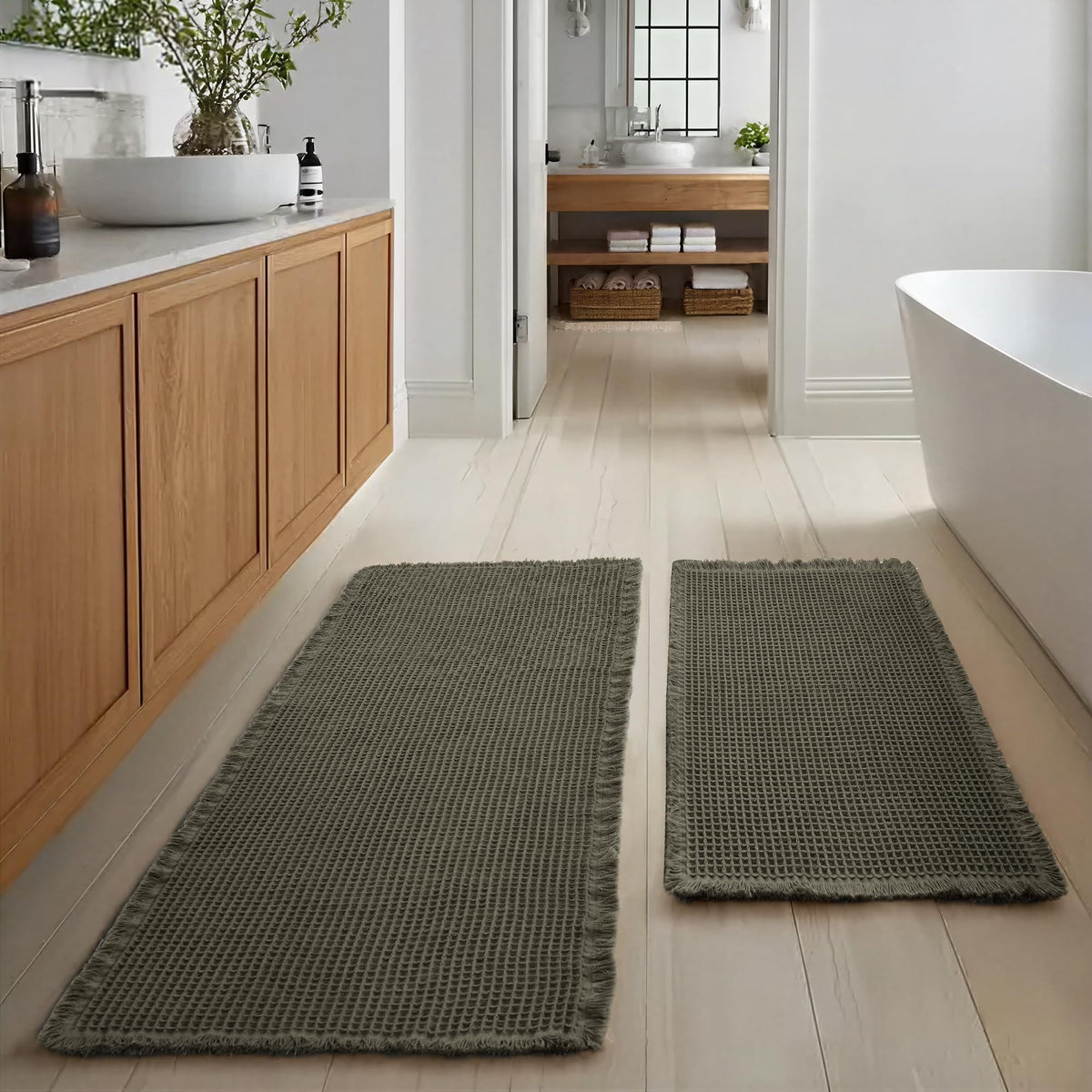 JIUZHEN Set of 2 Waffle Bath Mats Boho Bath Rugs 16"x24"+20"x32", Brown