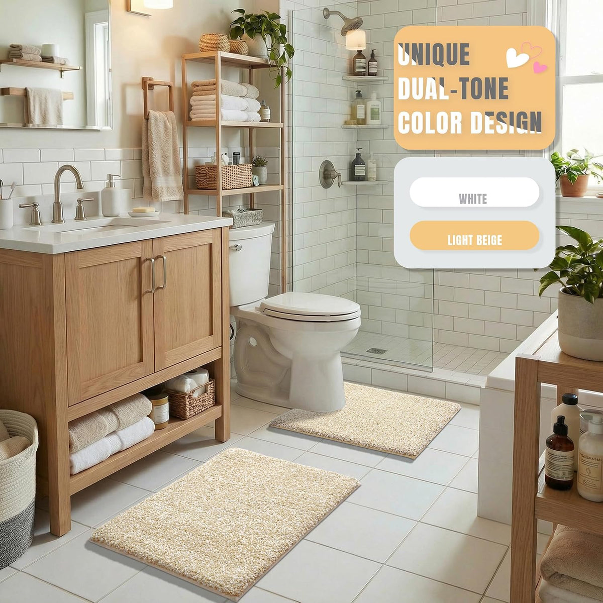 Yimobra Non Slip Machine Washable Bathroom Rug 24x17 Light Beige and White