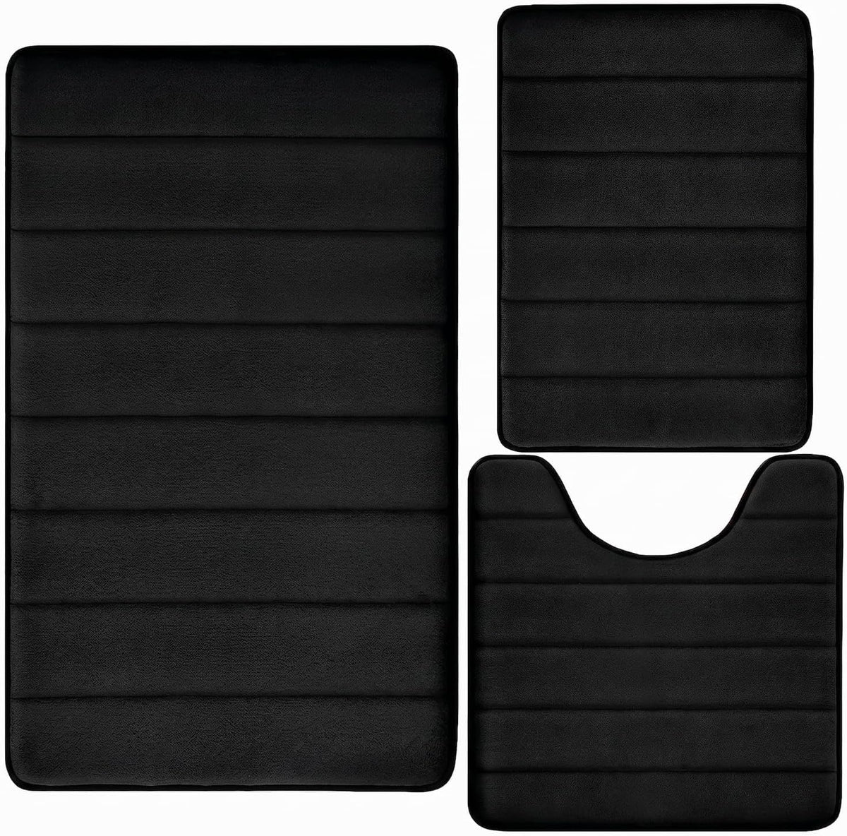 Bathroom Rugs Set 3 Piece, Memory Foam Bath Rugs, Non Slip Washable Bathroom Rug Set, Extra Soft Absorbent Bath Mats with U-Shaped Toilet Rug, Black