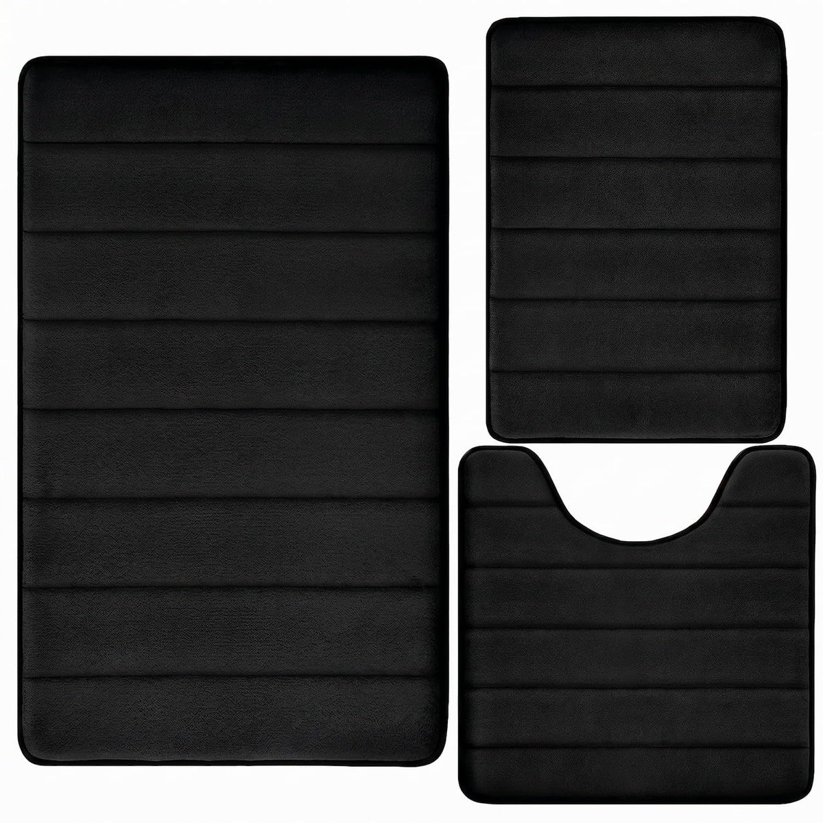 Bathroom Rugs Set 3 Piece, Memory Foam Bath Rugs, Non Slip Washable Bathroom Rug Set, Extra Soft Absorbent Bath Mats with U-Shaped Toilet Rug, Black