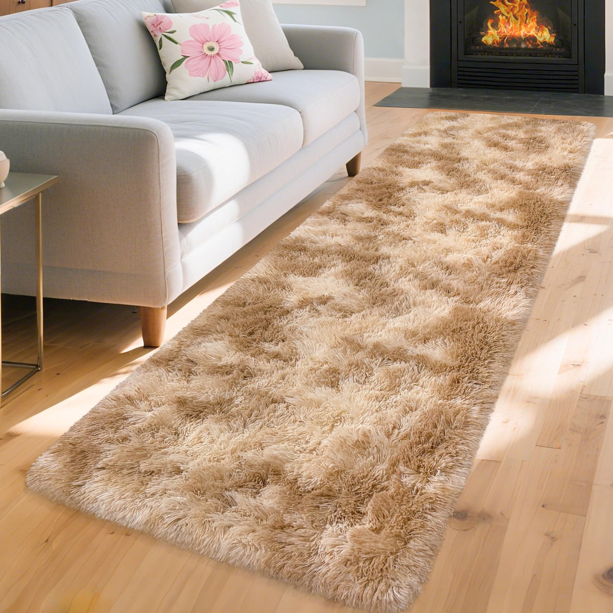 Soft Fluffy Beige Runner Rug for Bedroom, Bedside Long Rug Runner