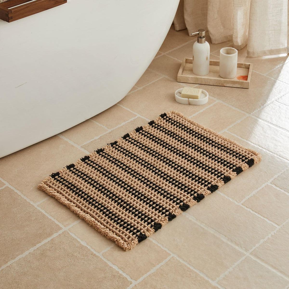 Triohero Waffle Bath Mat, Small Boho Bathroom Rugs Non Slip, 16x24 Khaki