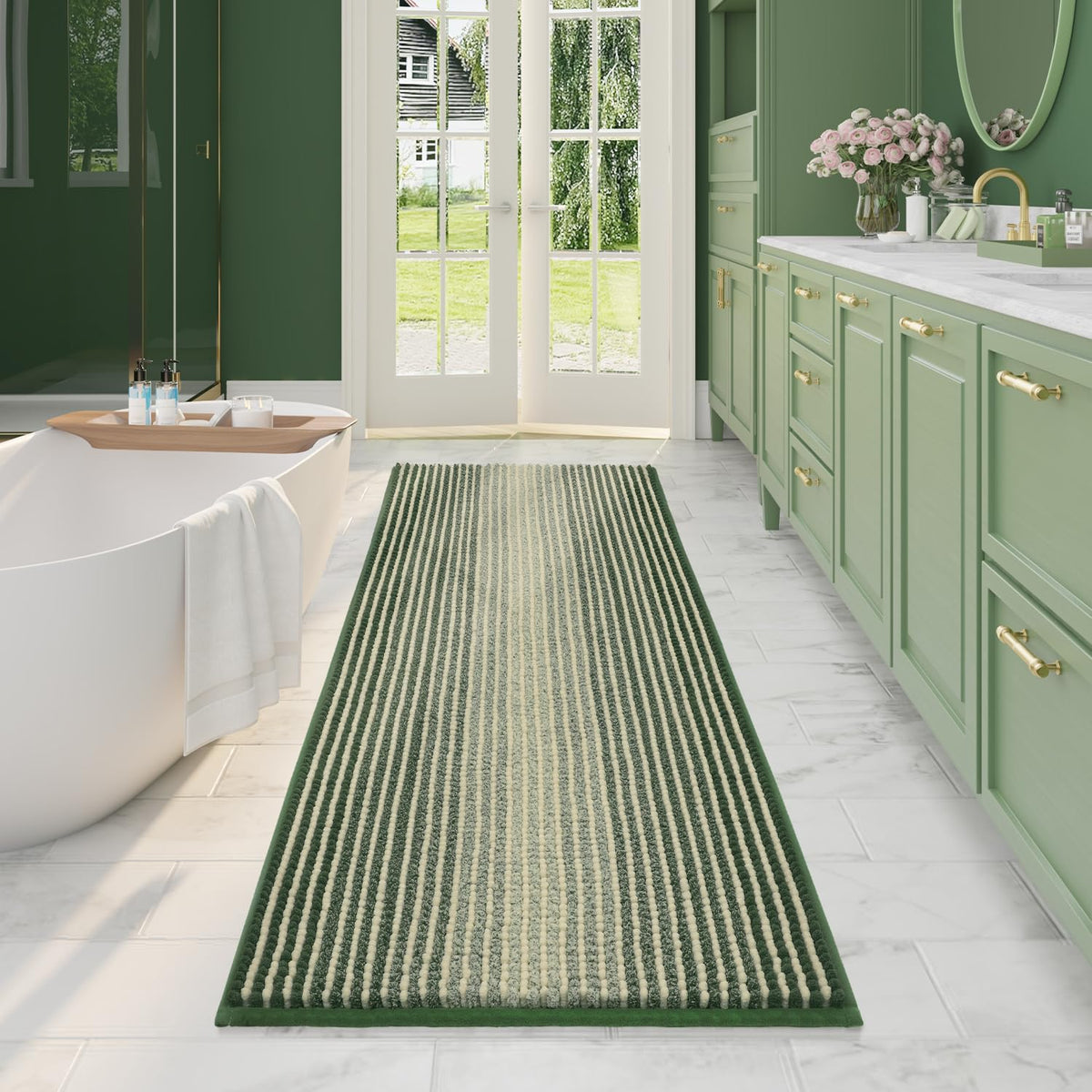 BSICPRO Bathroom Rugs Sets 2 Piece, Non Slip Striped Bath Mats, Sage