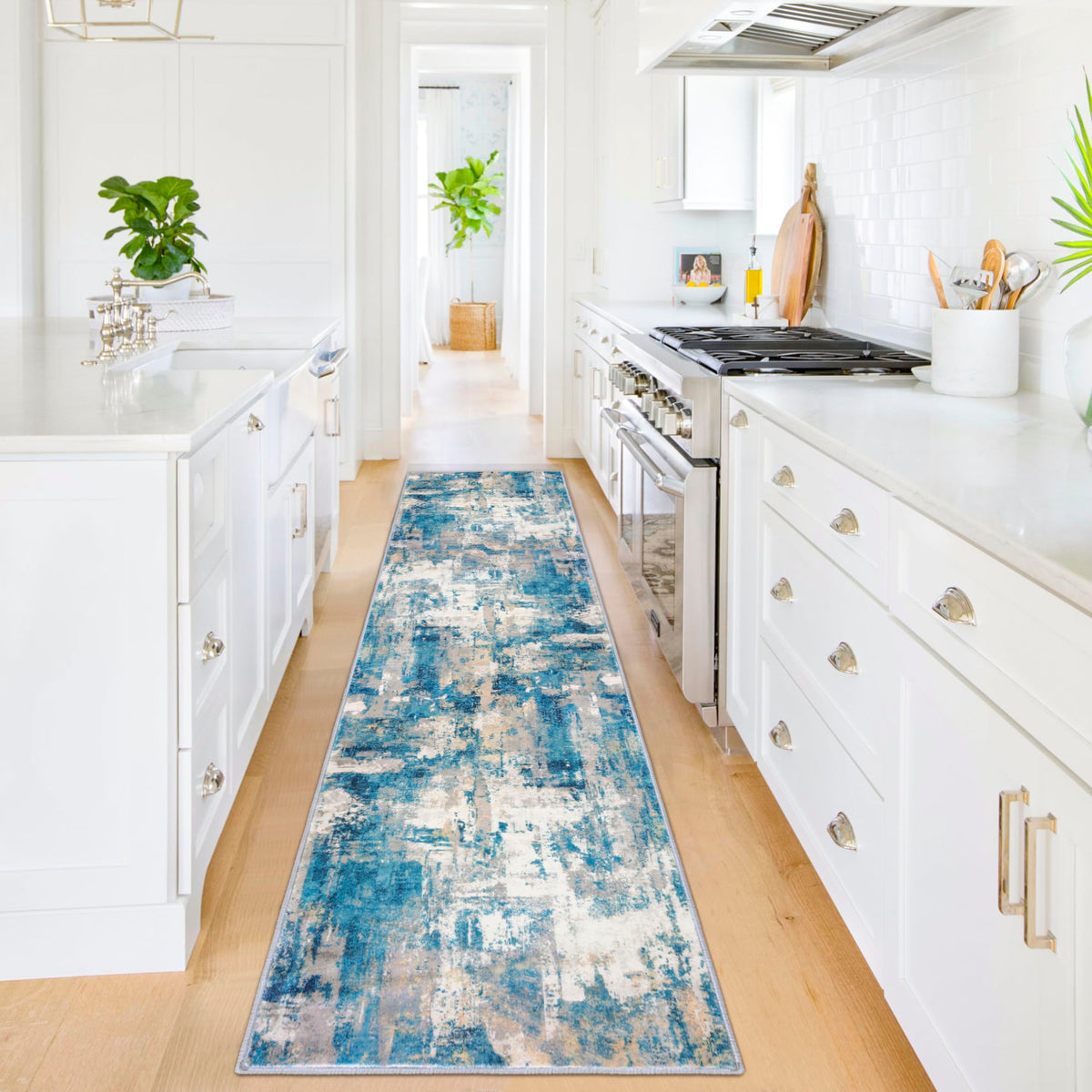 KOZYFLY Abstract Entryway Rug 2x3 Washable Door Mat Indoor Blue Beige