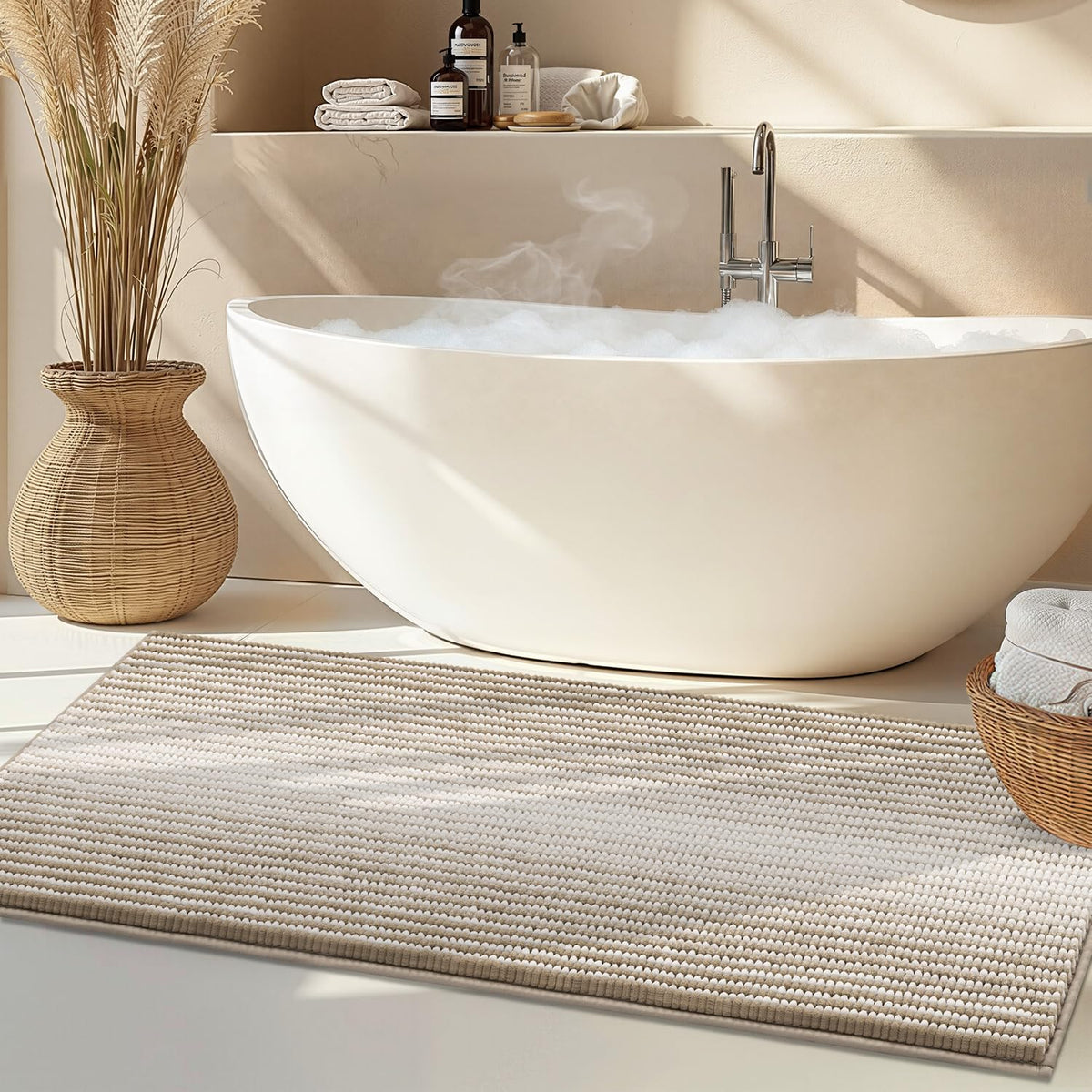 BSICPRO Bathroom Rugs Sets 2 Piece, Non Slip Boho Bath Mats, Beige