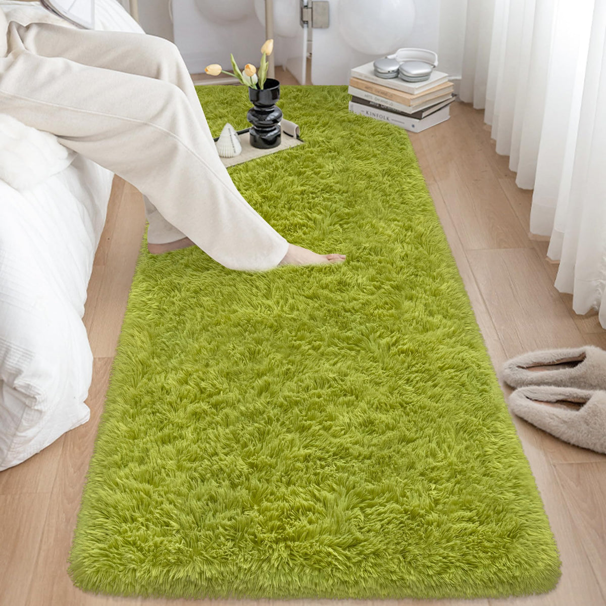 Soft Fluffy Beige Runner Rug for Bedroom, Bedside Long Rug Runner
