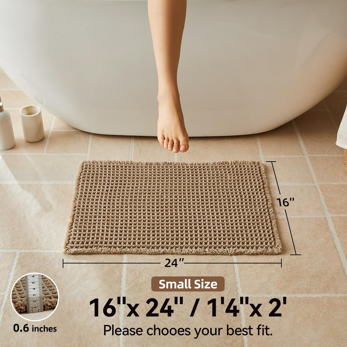 Triohero Waffle Bath Mat, Small Boho Bathroom Rugs Non Slip, 16x24 Khaki