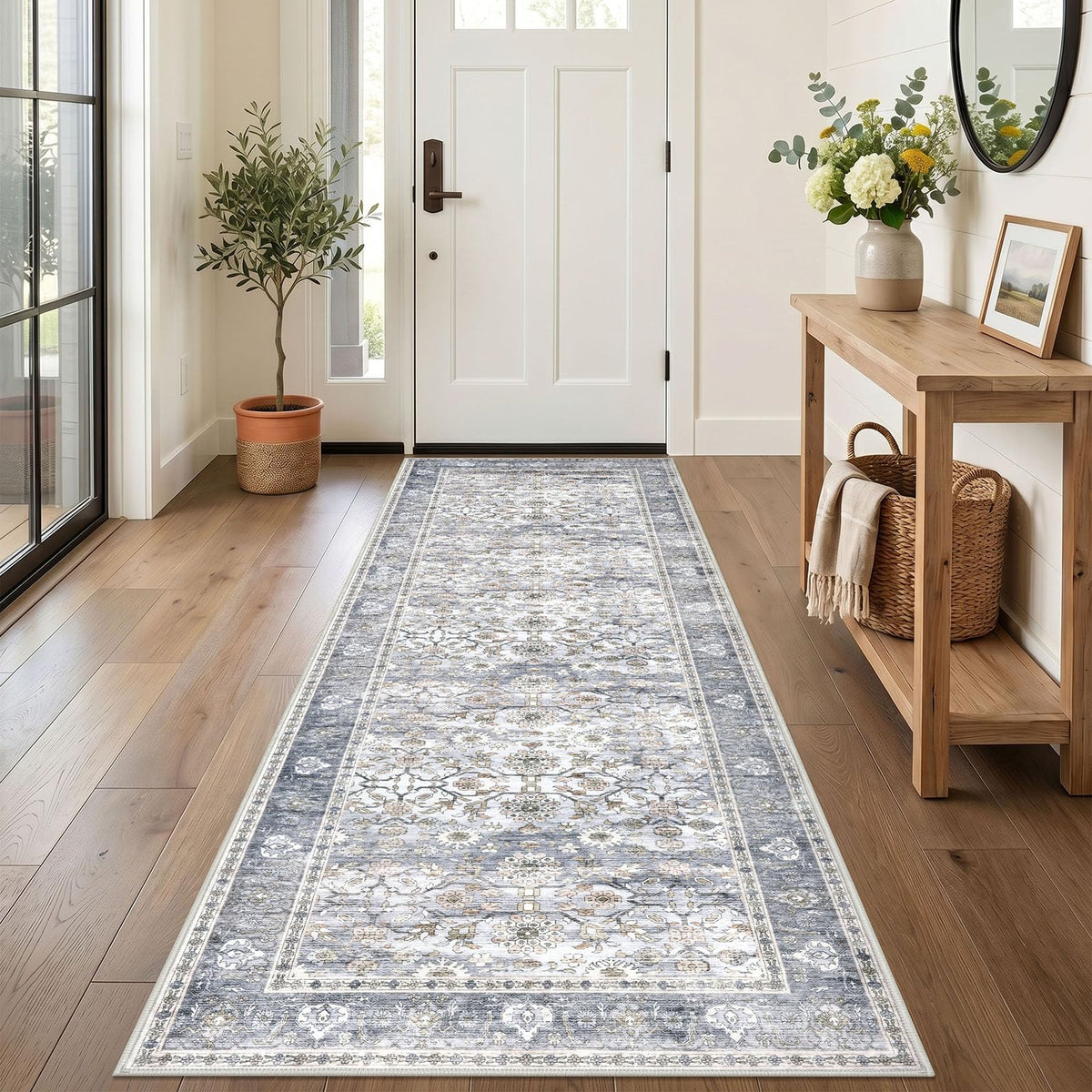 KUTA Vintage Floral Washable 2x3 Rugs for Entryway Blue Grey Beige
