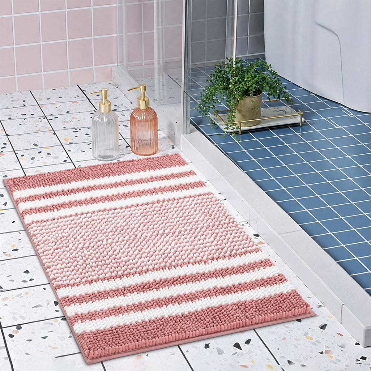 BSICPRO Bathroom Rugs Sets 2 Piece, Non Slip Striped Bath Mats, Sage