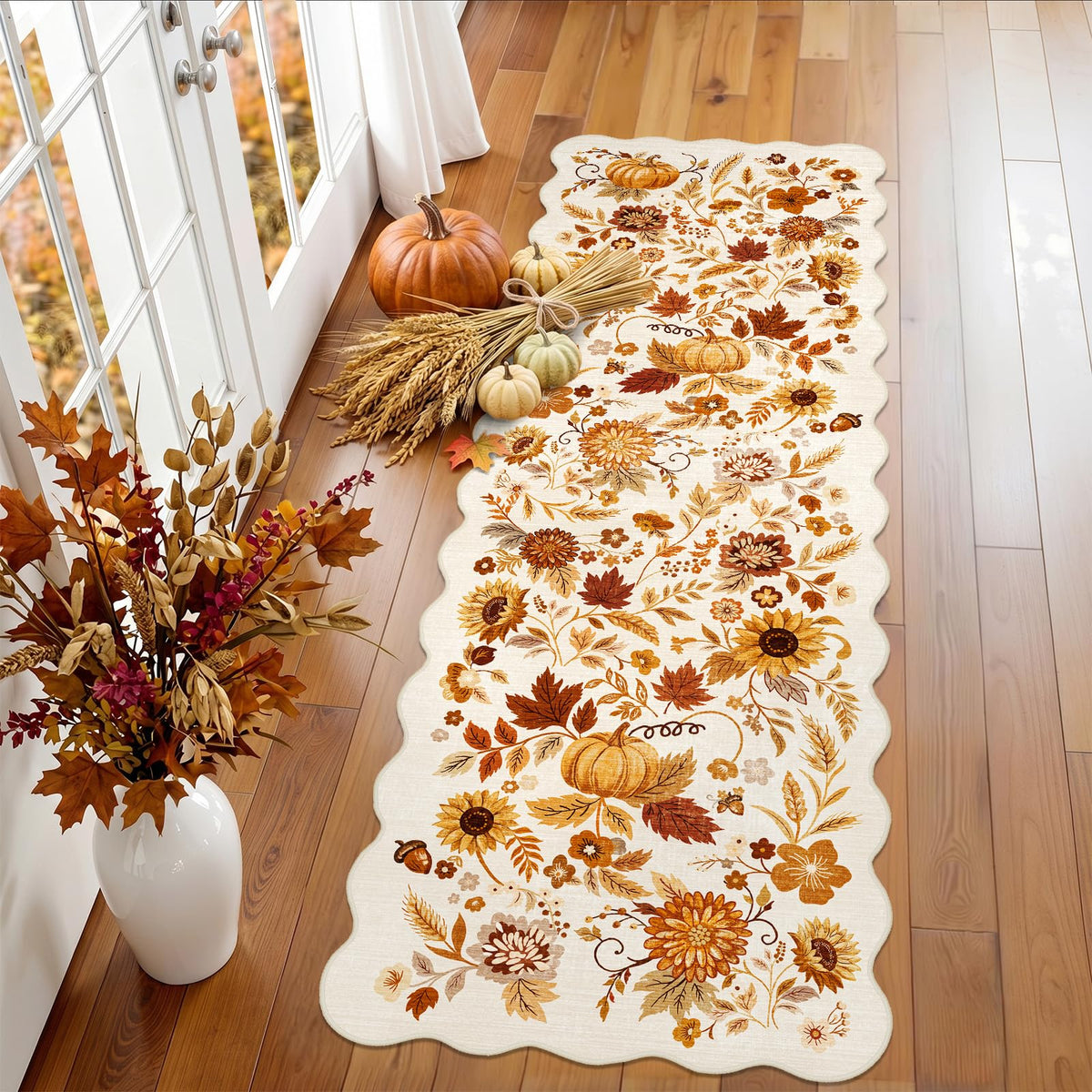 2x4 Rug Washable for Entryway - Non-Slip Scalloped Floral Throw Rug Black