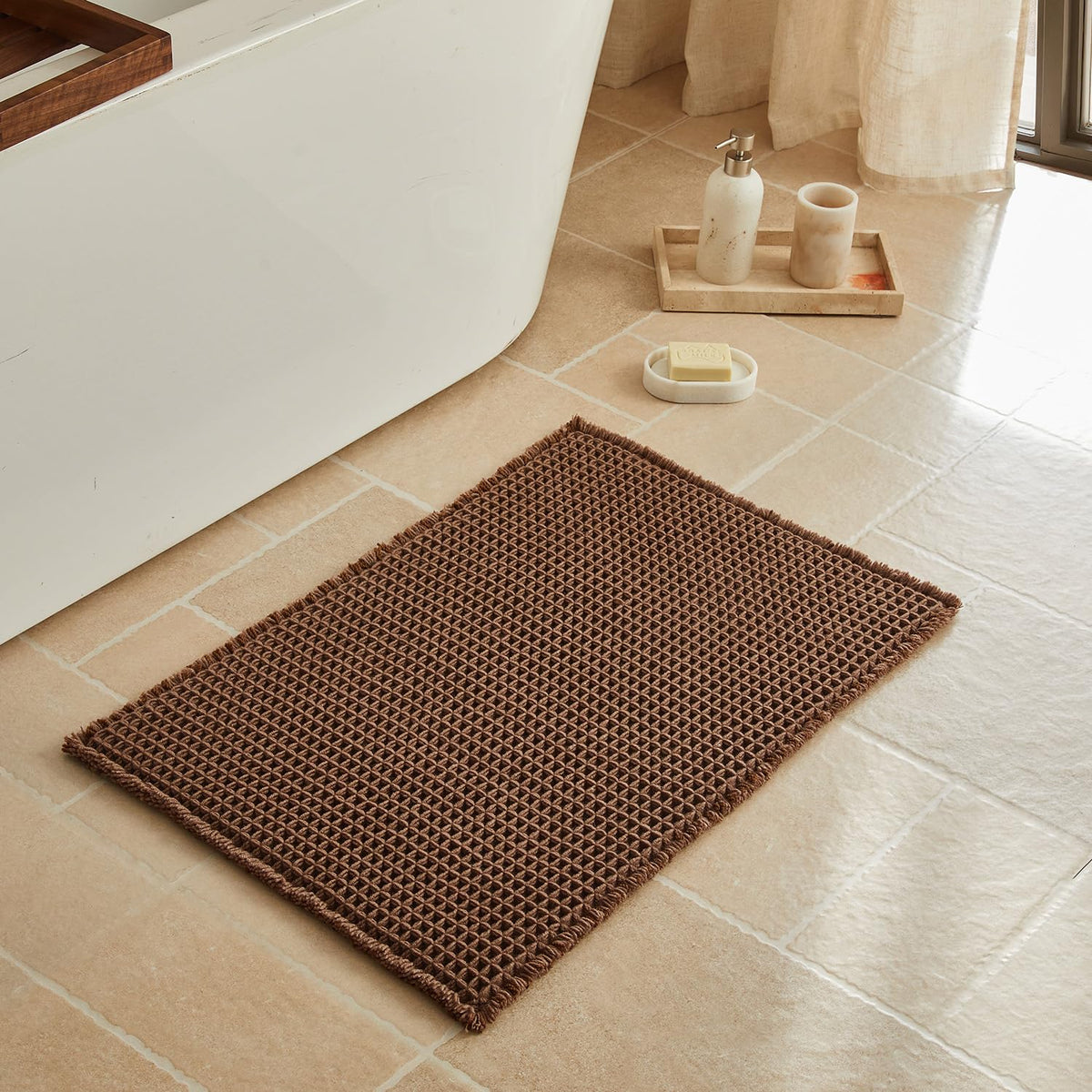 Triohero Waffle Bath Mat, Small Boho Bathroom Rugs Non Slip, 16x24 Khaki