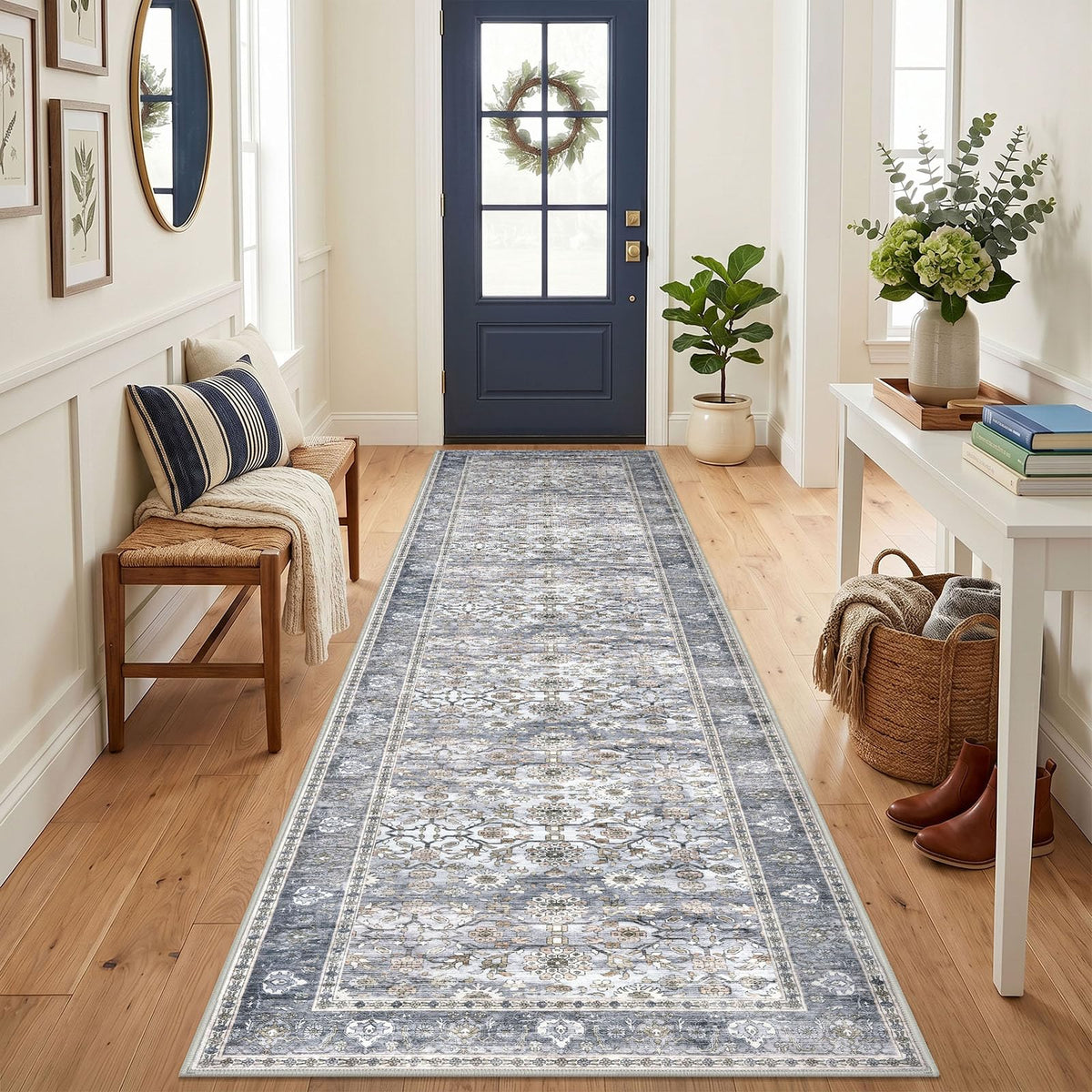 KUTA Vintage Floral Washable 2x3 Rugs for Entryway Blue Grey Beige