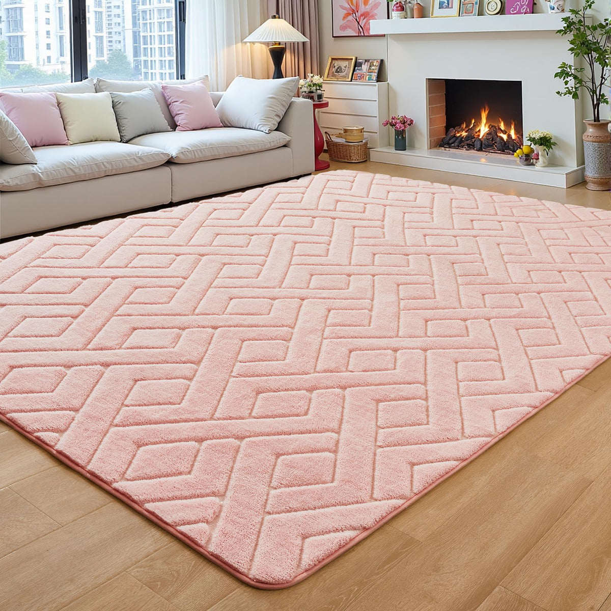 Grey Fluffy Area Rug for Bedroom, 3x5 Geometric Shag Rugs