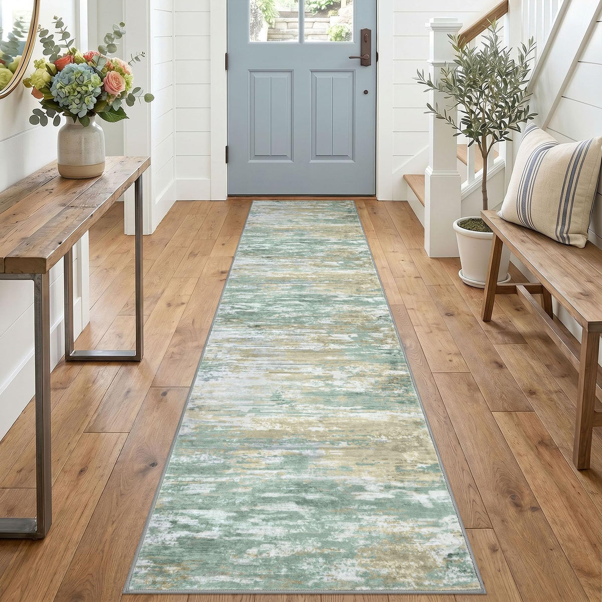 KOZYFLY Abstract Entryway Rug 2x3 Washable Door Mat Indoor Blue Beige