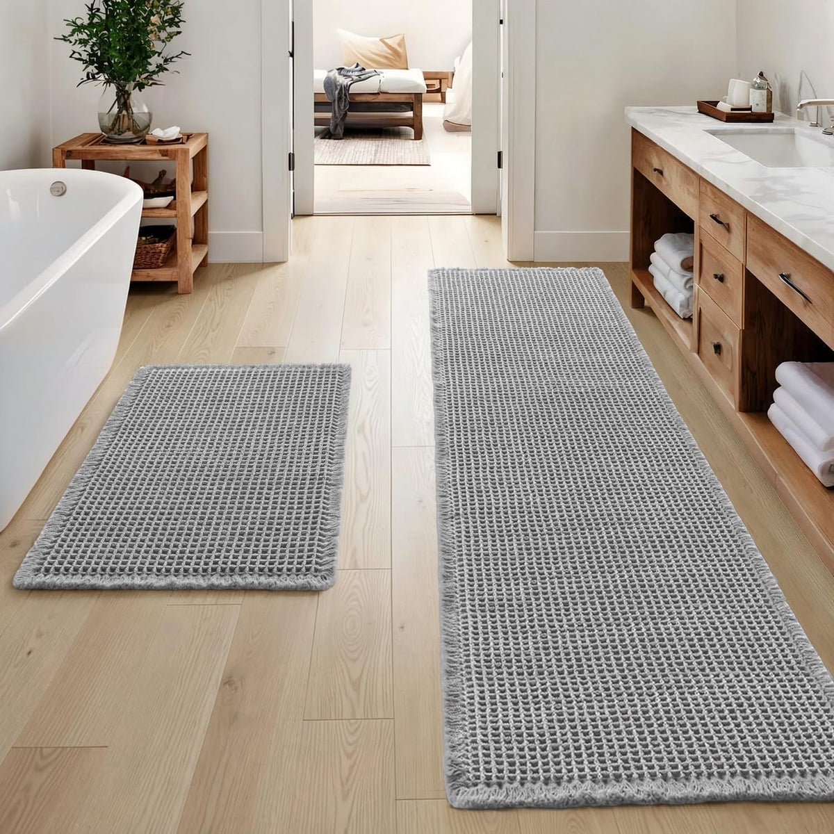 MIULEE Set of 2 Waffle Bathroom Rugs Boho Bath Mat Brown 18x30 Inch