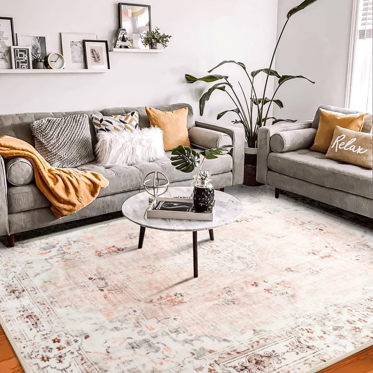 MUJOO Pink Rug 3x5 Washable,Boho Area Rugs Small Non Slip Low-Pile Floral