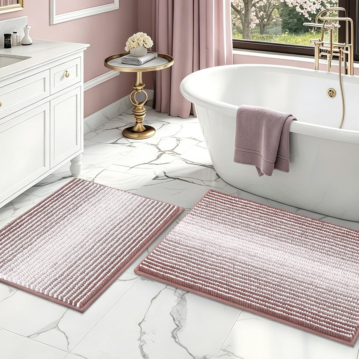 BSICPRO Bathroom Rugs Sets 2 Piece, Non Slip Striped Bath Mats, Sage