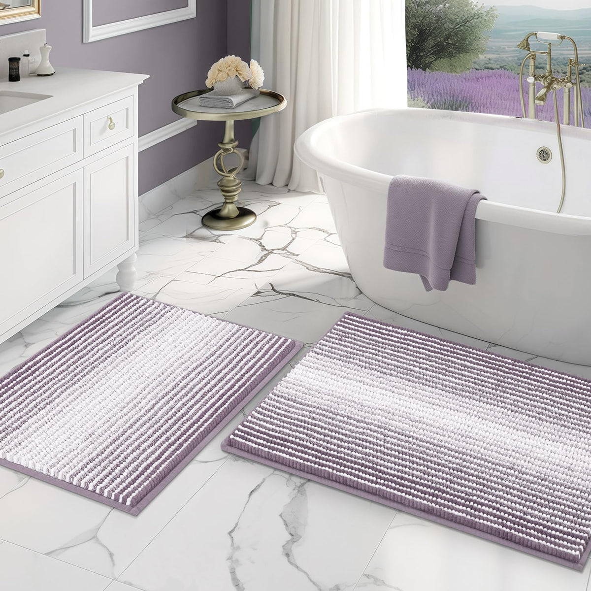 BSICPRO Bathroom Rugs Sets 2 Piece, Non Slip Striped Bath Mats, Sage
