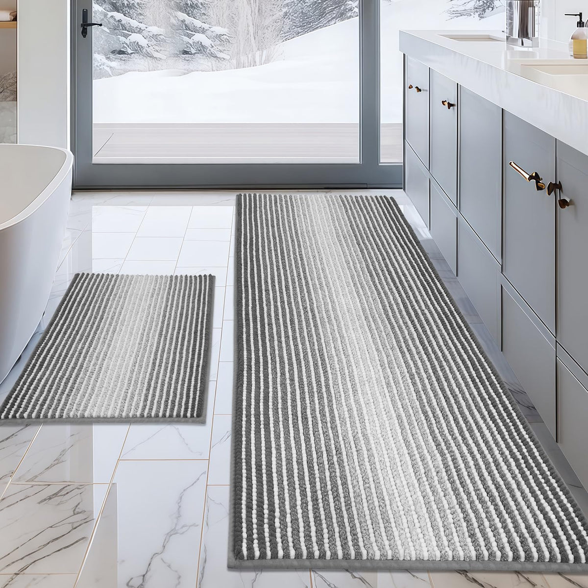 BSICPRO Bathroom Rugs Sets 2 Piece, Non Slip Striped Bath Mats, Sage