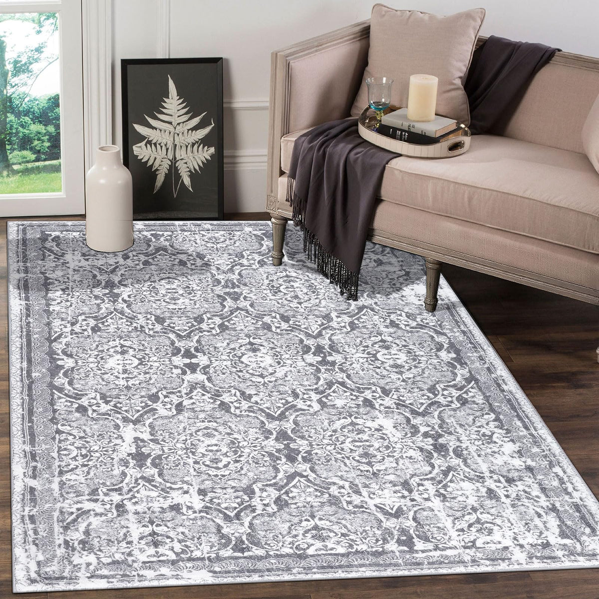 Vaukki Hallway Runner 2x6 ft, Grey Vintage Shaggy Soft Kitchen Rug