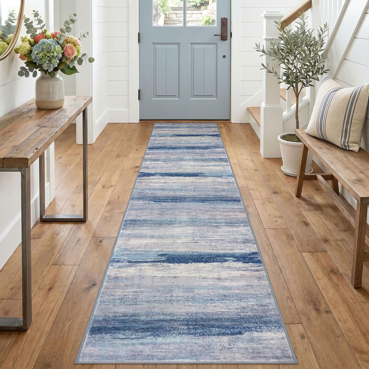 KOZYFLY Abstract Entryway Rug 2x3 Washable Door Mat Indoor Blue Beige